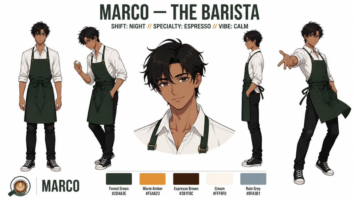 Anime Barista Character Reference Sheet - AI image template preview