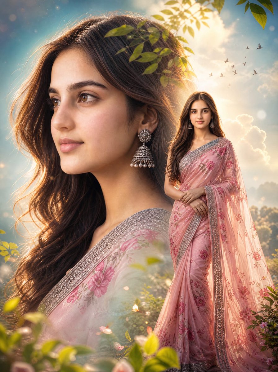 Cinematic Saree Double Exposure Portrait - AI image template preview