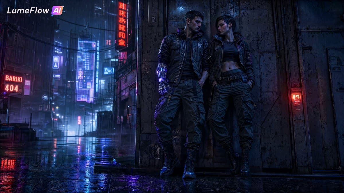 Cyberpunk Couple in Rainy City - AI image template preview
