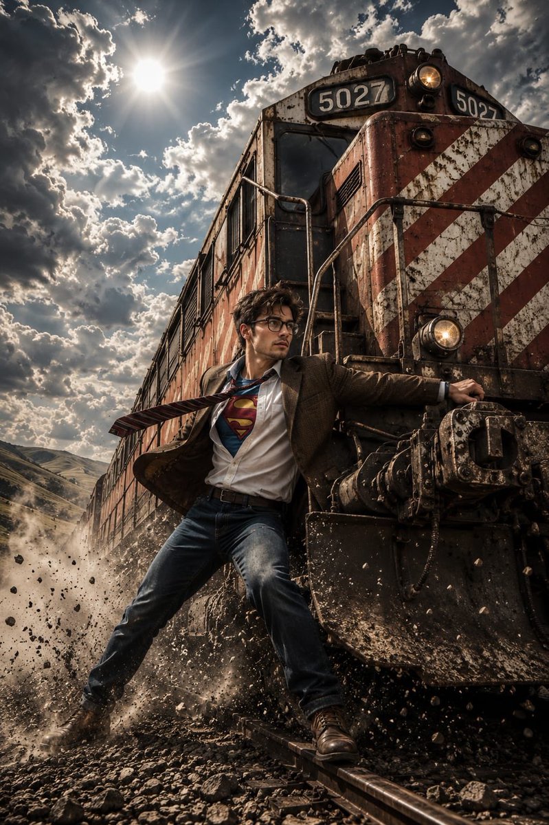 Heroic Action Train Stopping Portrait - AI image template preview