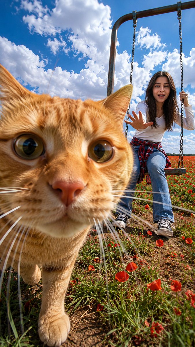 Photobombing Cat Flower Field - AI image template preview