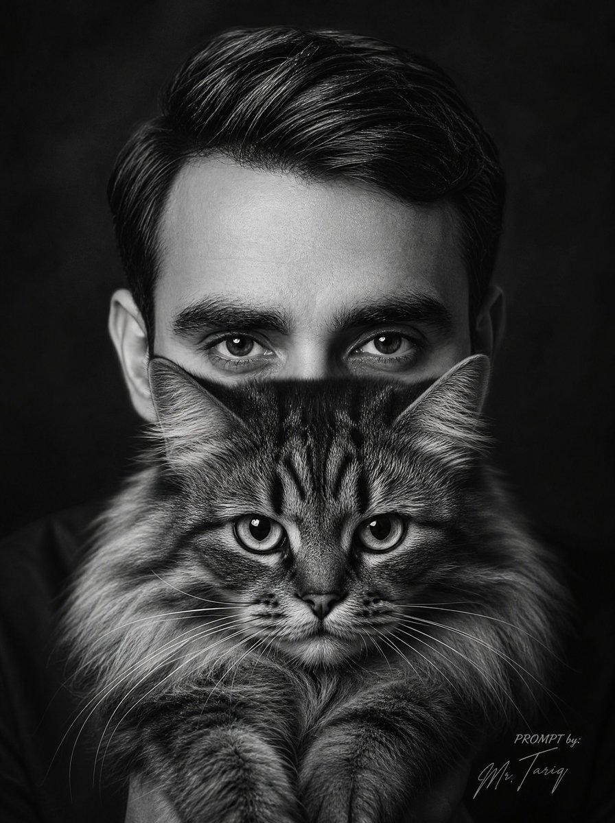 Monochrome Man Holding Cat Portrait - AI image template preview