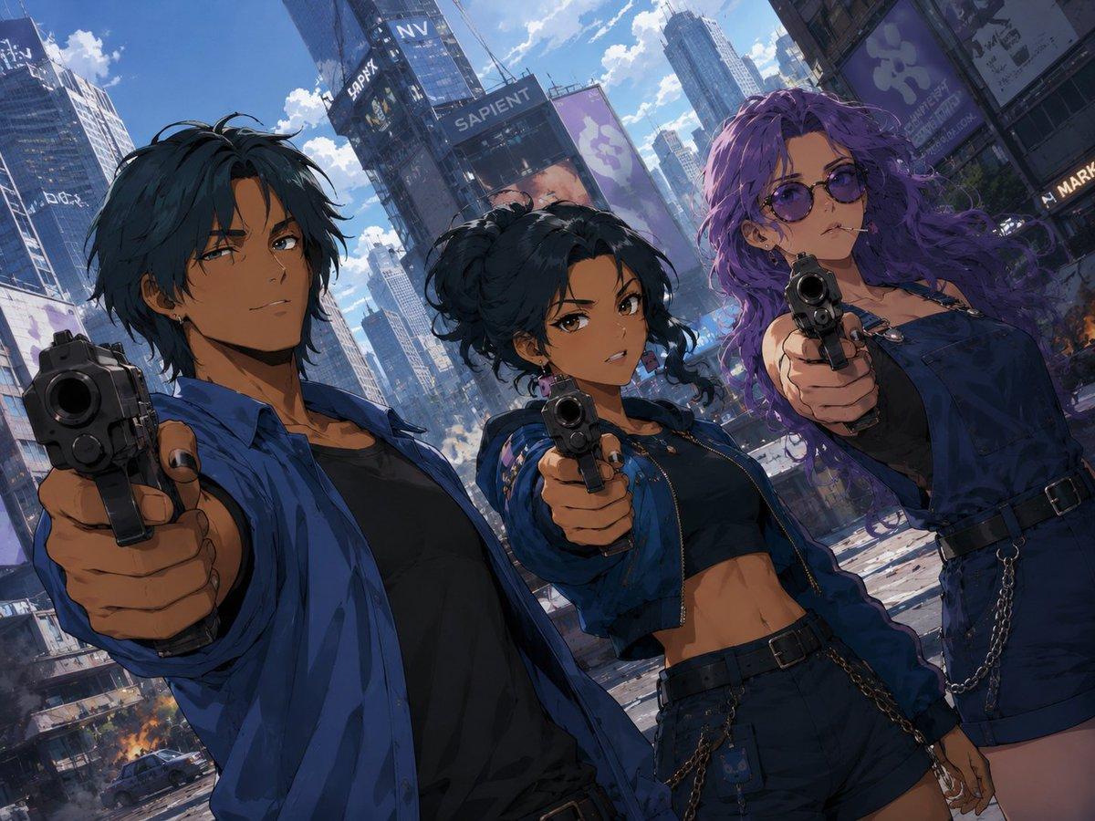 Cyberpunk Trio Gunpoint Scene - AI image template preview