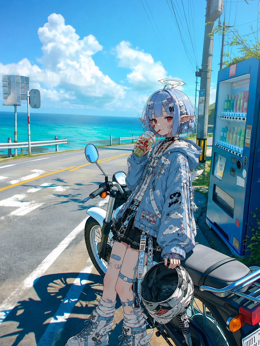 Coastal Motorcycle Anime Girl - AI image template preview