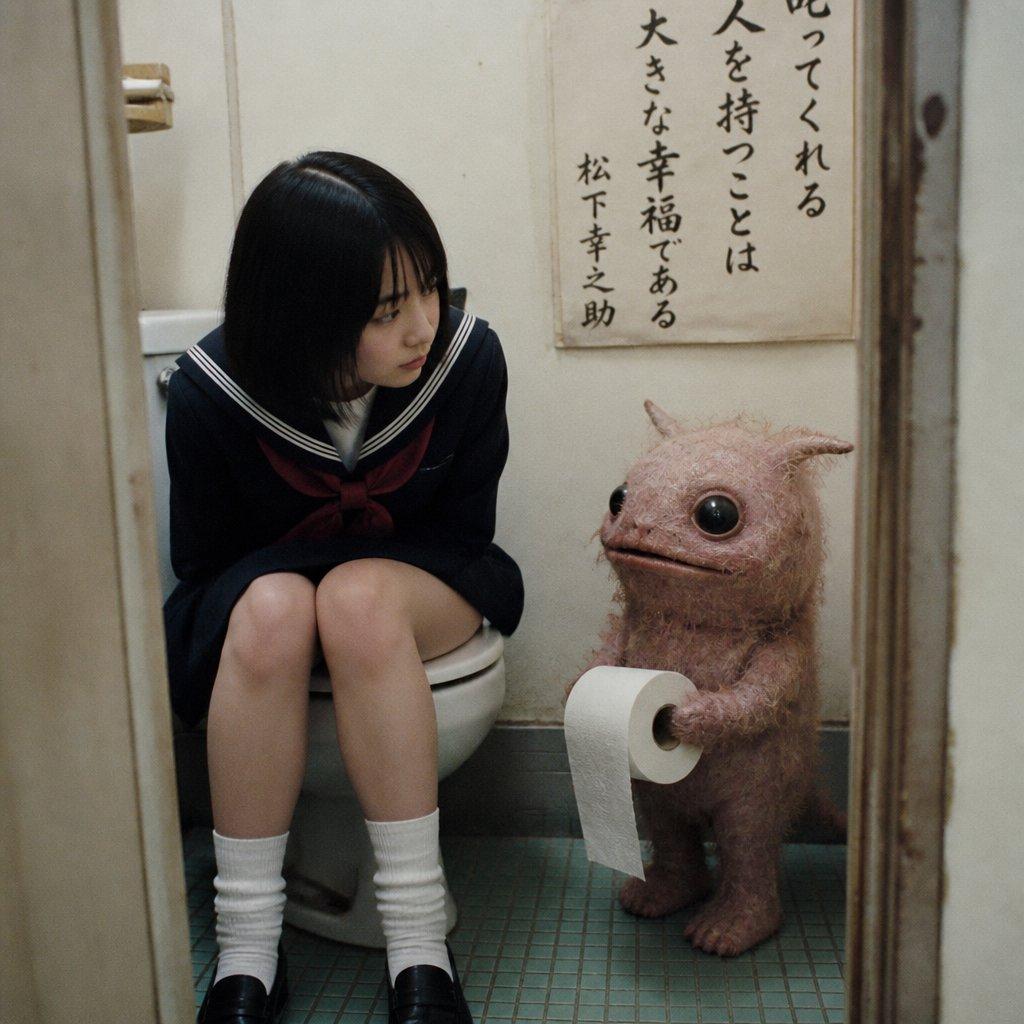 Schoolgirl and Toilet Paper Creature - AI image template preview