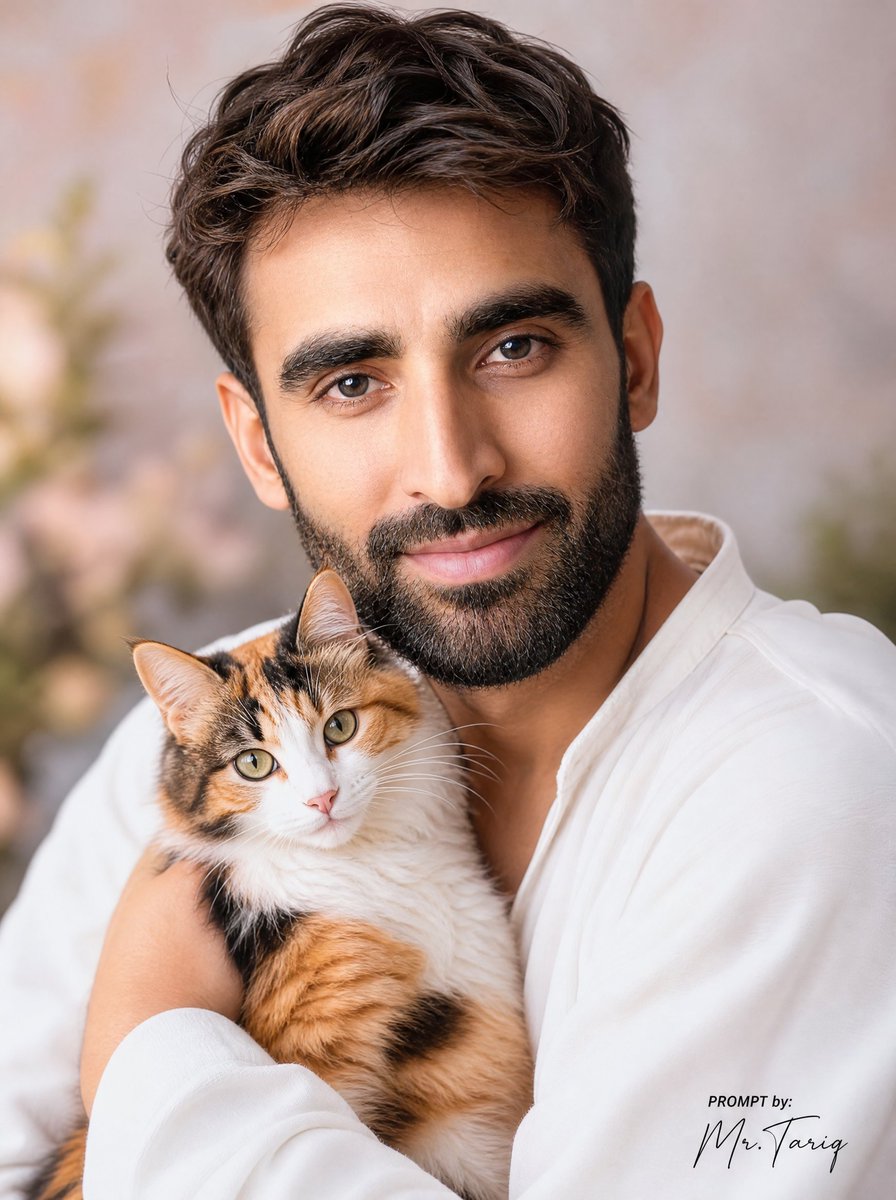 Dreamy Man Holding Calico Cat Portrait - AI image template preview