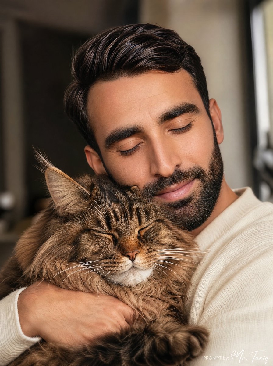 Cozy Man Hugging Maine Coon - AI image template preview