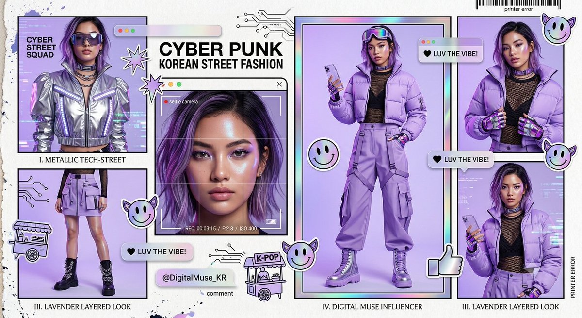 Cyberpunk Korean Fashion Zine Collage - AI image template preview