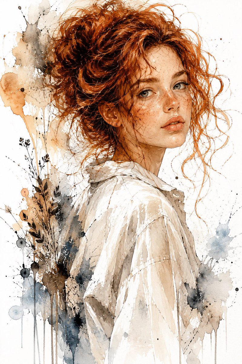 Watercolor and Ink Woman Portrait - AI image template preview