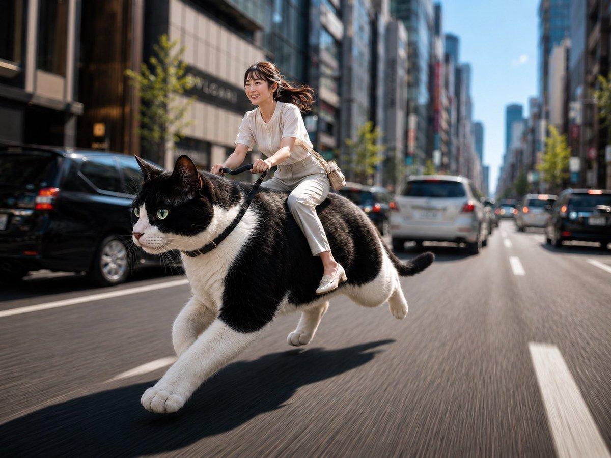 Woman Riding a Giant Cat Commute - AI image template preview