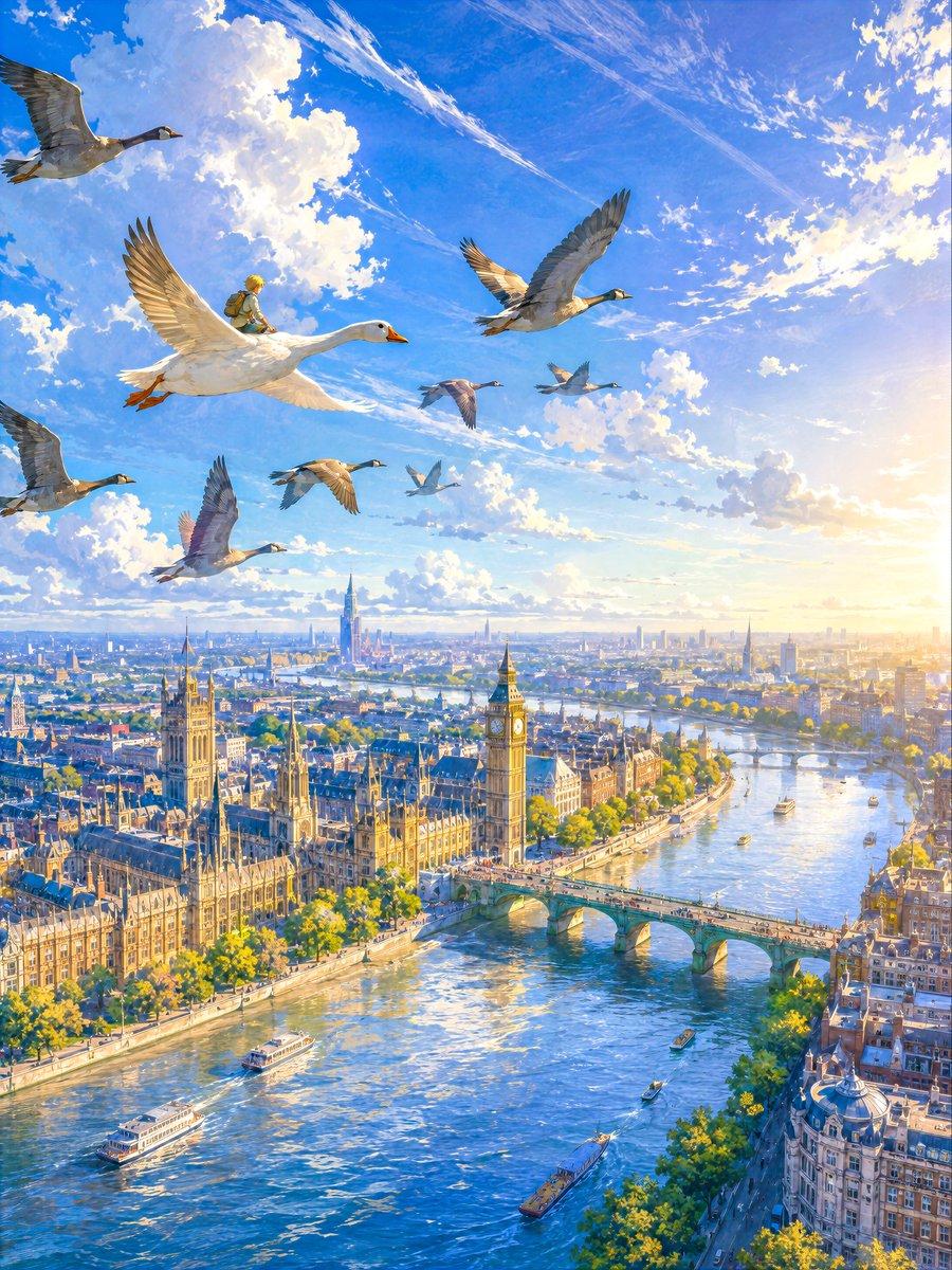 London Aerial Flight with Geese - AI image template preview