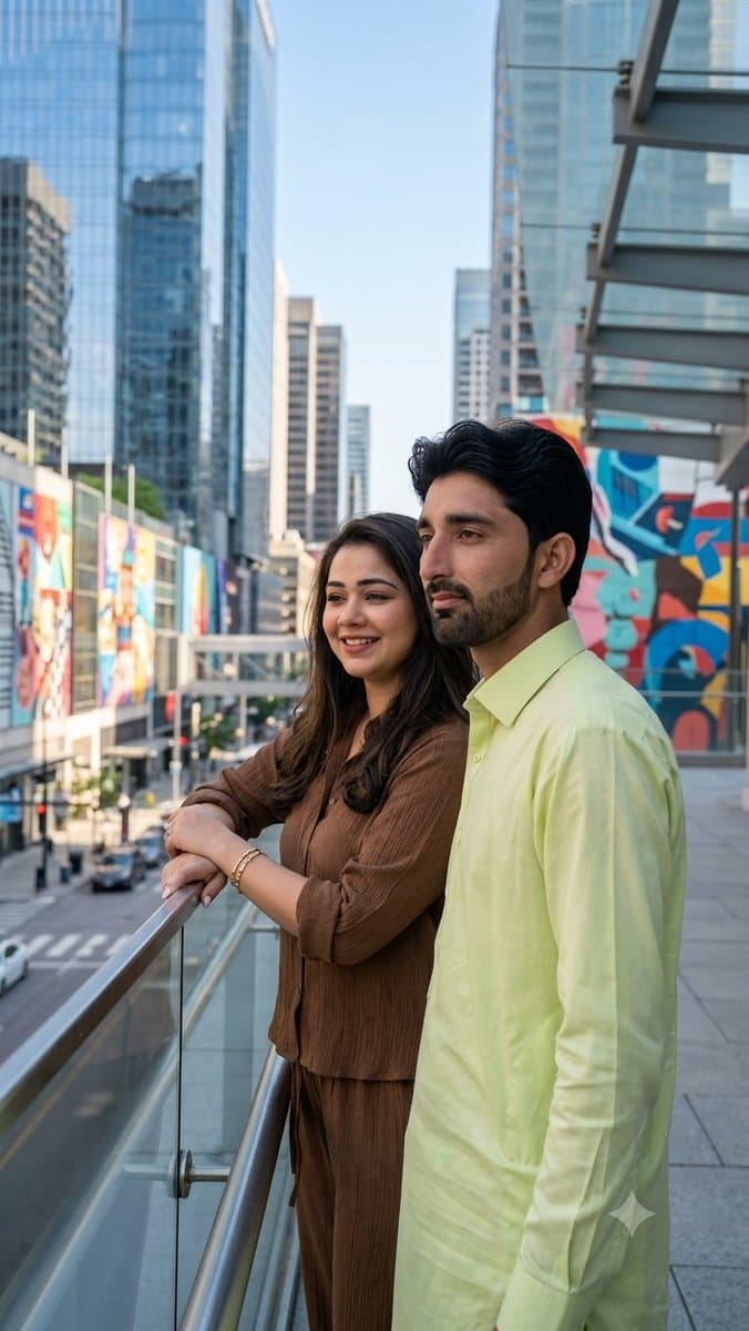 Urban Skywalk Cinematic Couple Portrait - AI image template preview