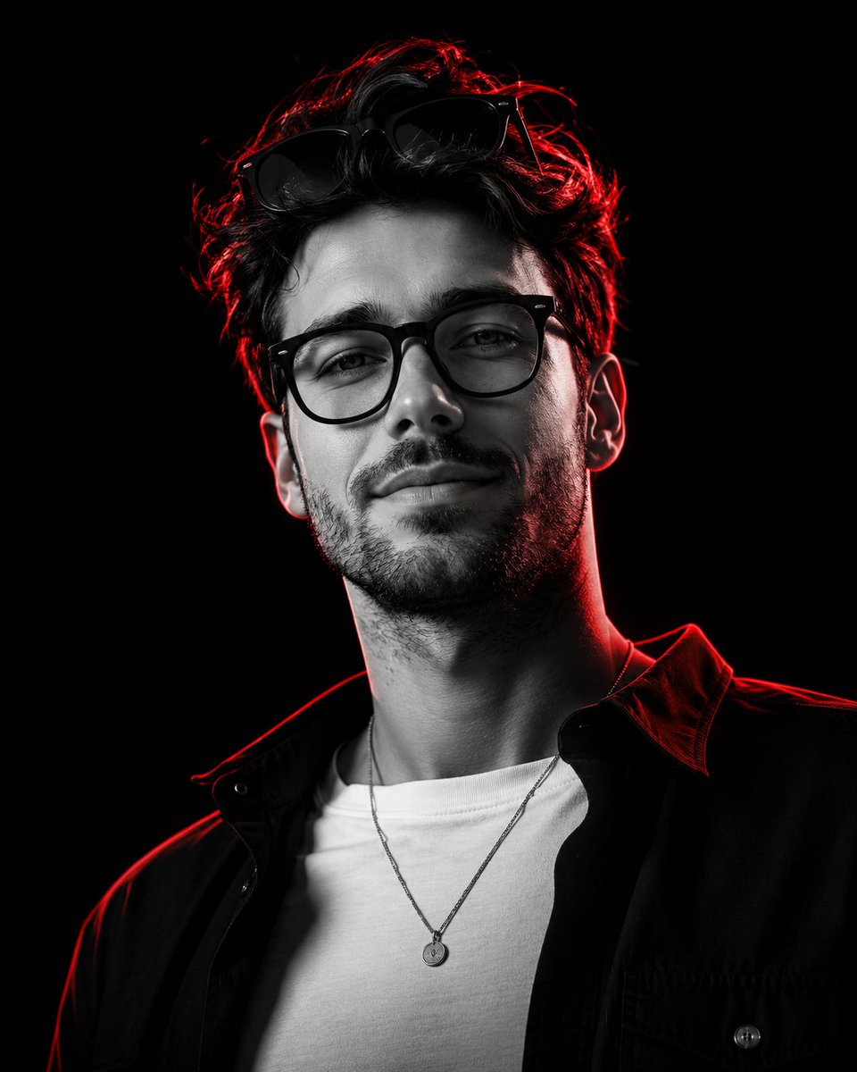 Monochrome Low-Angle Portrait with Red Glow - AI image template preview