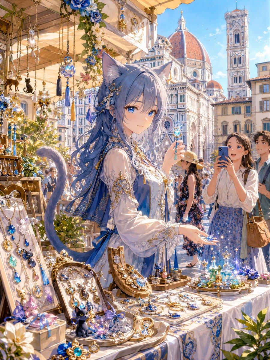 Blue Cat-Ear Shopkeeper Portrait - AI image template preview