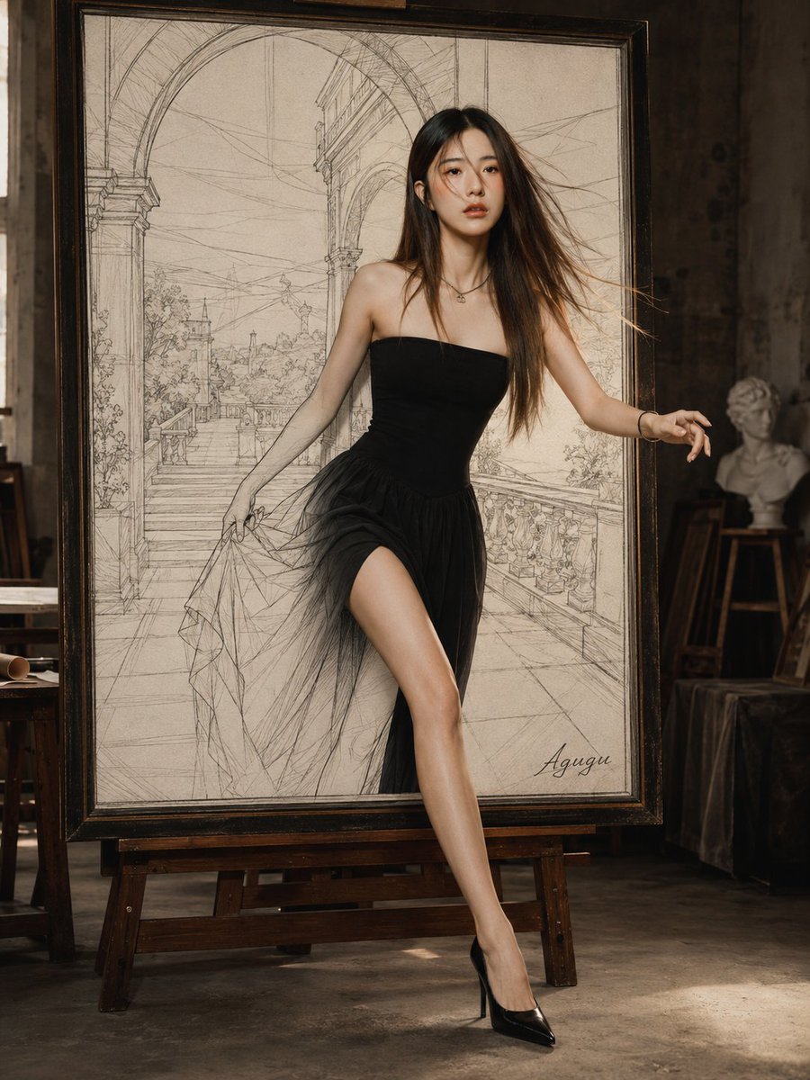 Woman Stepping Out of Sketch - AI image template preview