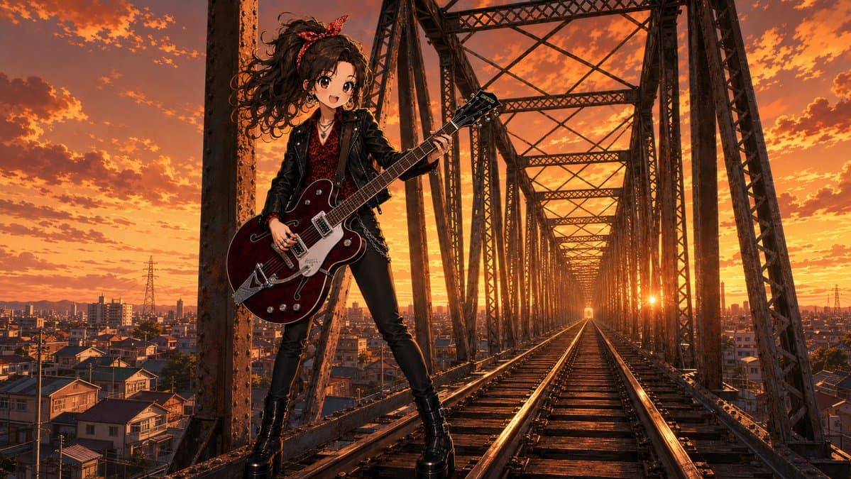 Anime Rock Guitarist on Railway Bridge - AI image template preview