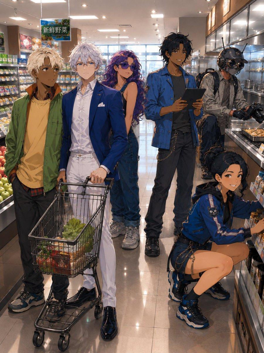 Anime Supermarket Group Scene - AI image template preview