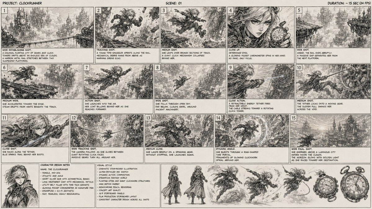 Clockrunner Steampunk Storyboard Sheet - AI image template preview