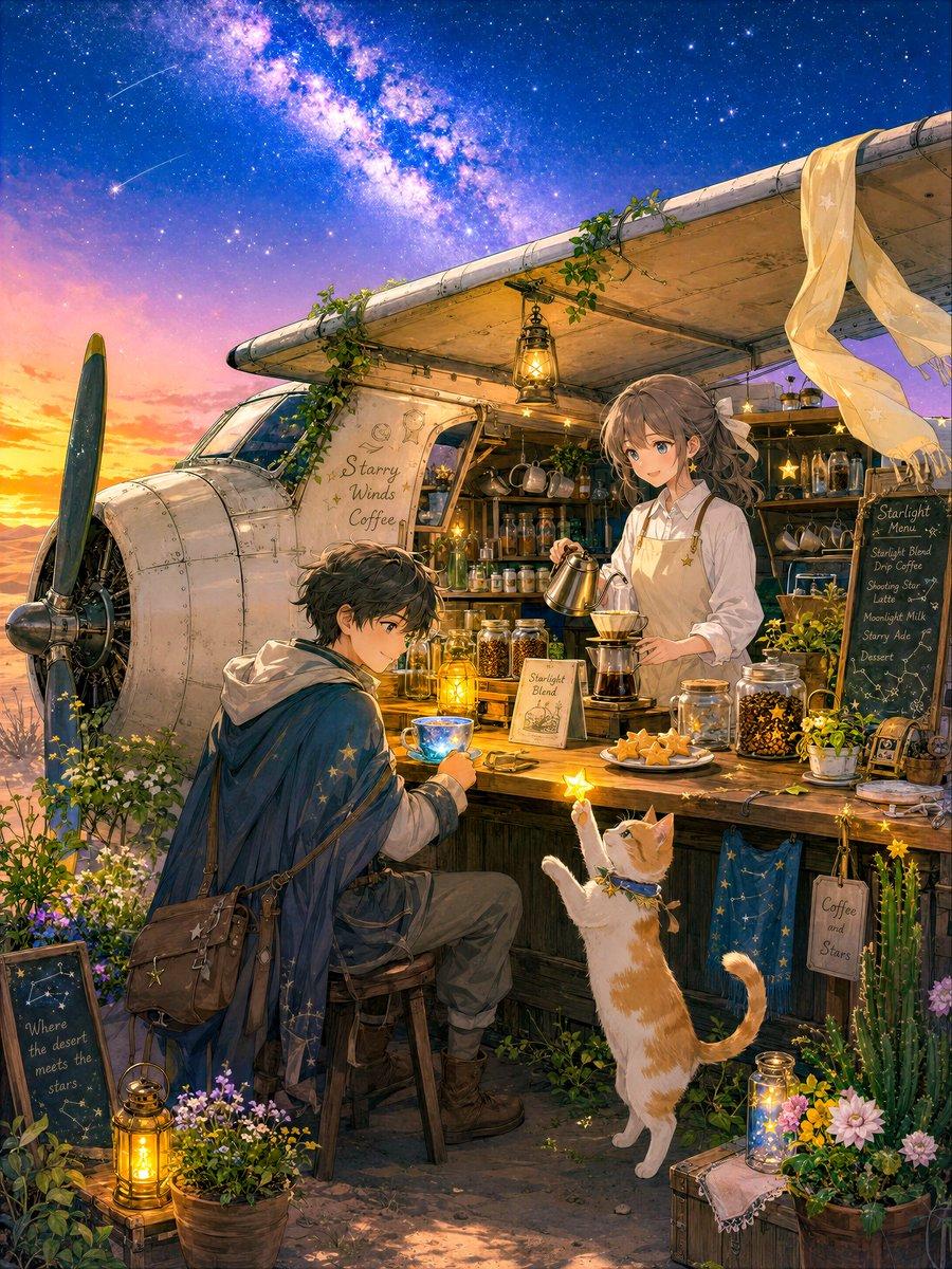 Desert Night Airplane Cafe Story - AI image template preview