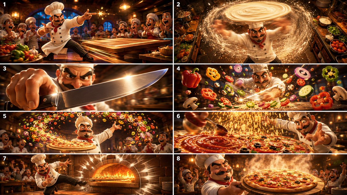 Cinematic Karate Pizza Chef Storyboard - AI image template preview