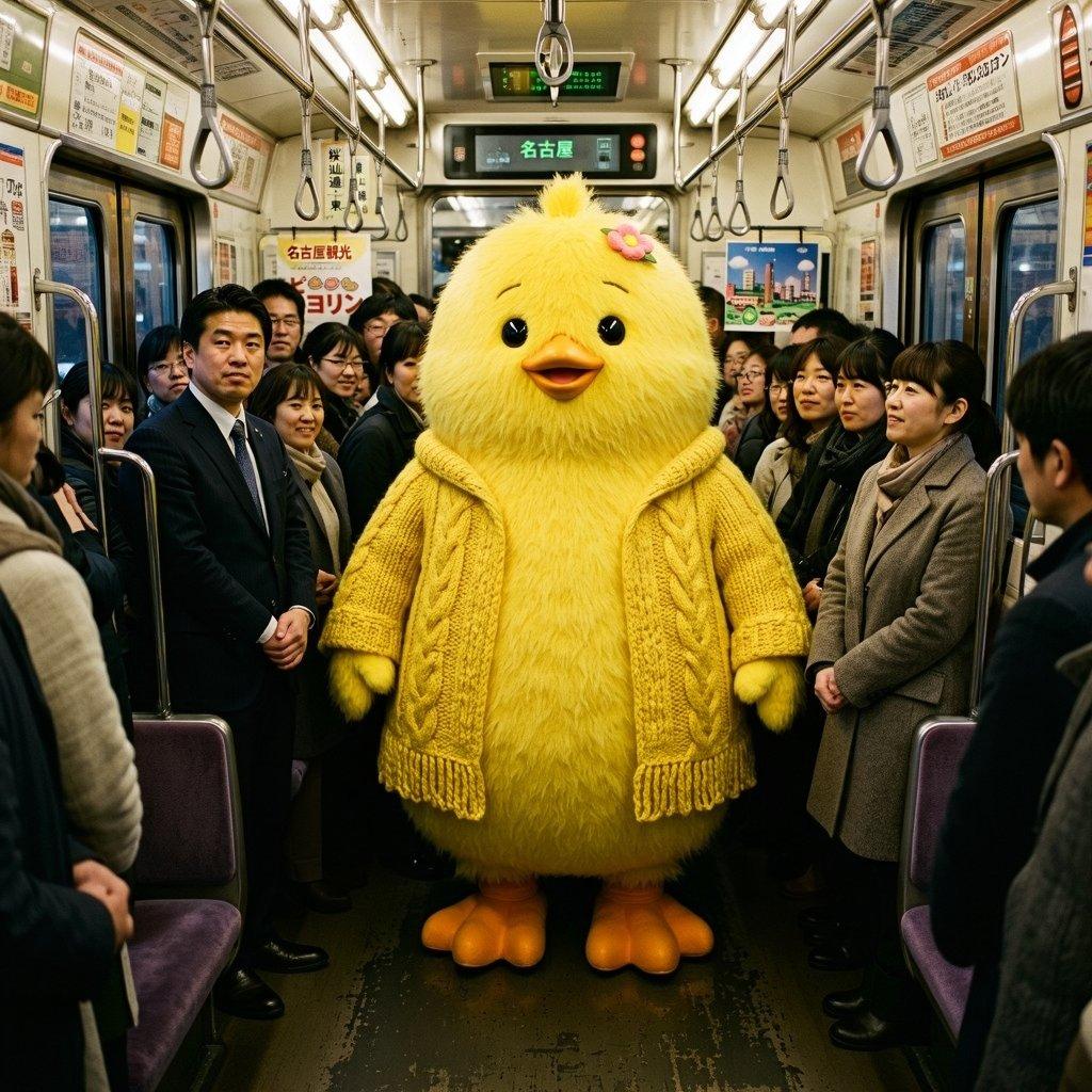 Yellow Chick Mascot on Japanese Train - AI image template preview