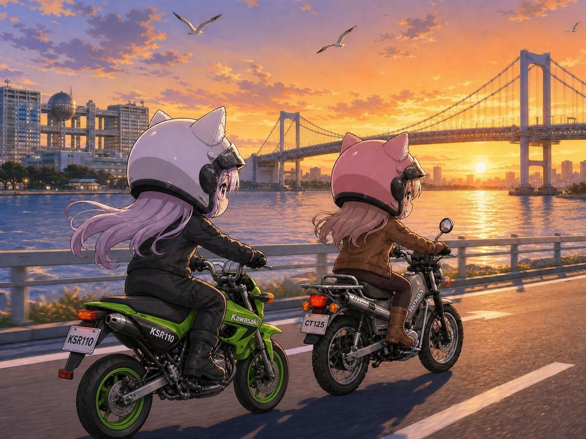 Cat-Eared Riders at Tokyo Bay Sunset - AI image template preview
