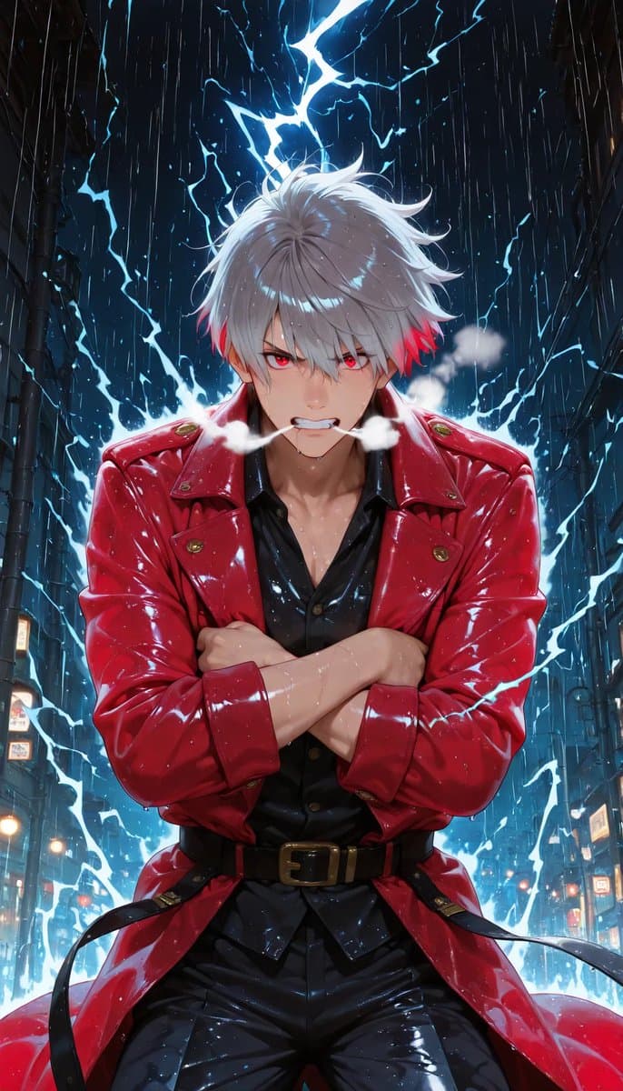 Rainy Anime Swordsman in Red Coat preview