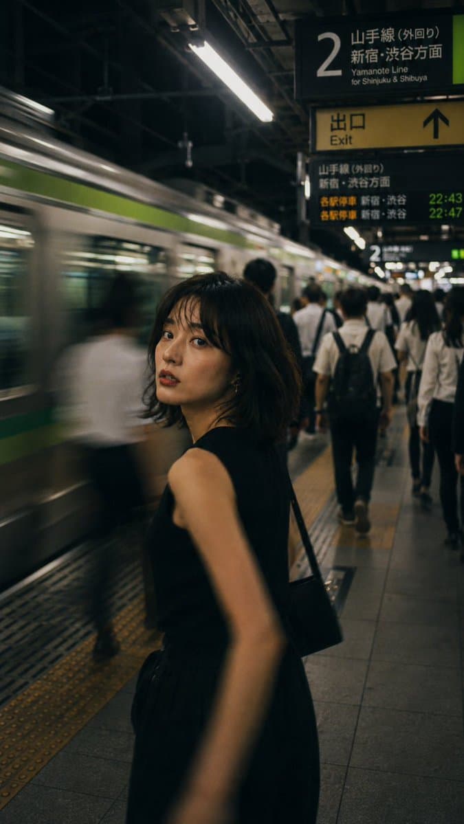 Japanese Night Station Snap Portrait - AI image template preview