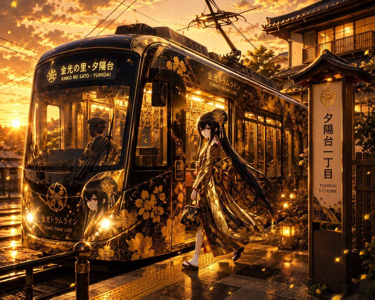 Golden Anime Tram at Sunset - AI image template preview