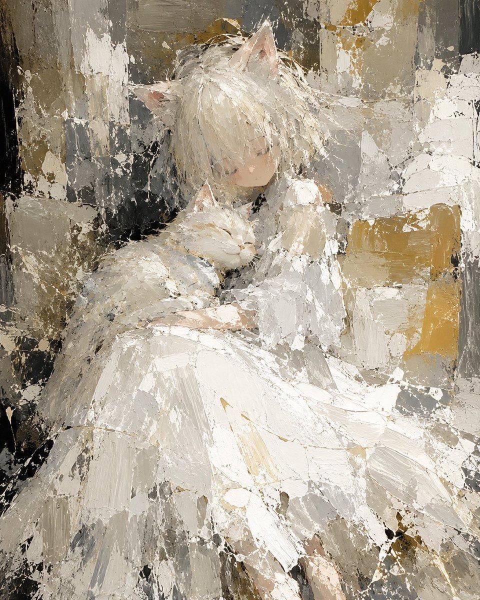 Abstract Cat Girl and Gentle Cat Painting - AI image template preview