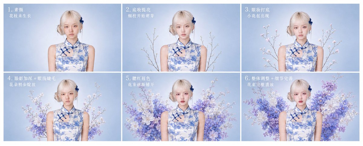 提示词：👇
生成一张 6 步流程图，主题为「旗袍花卉妆造生成过程」。每个小图保持 16:9，排版干 - AI image template preview