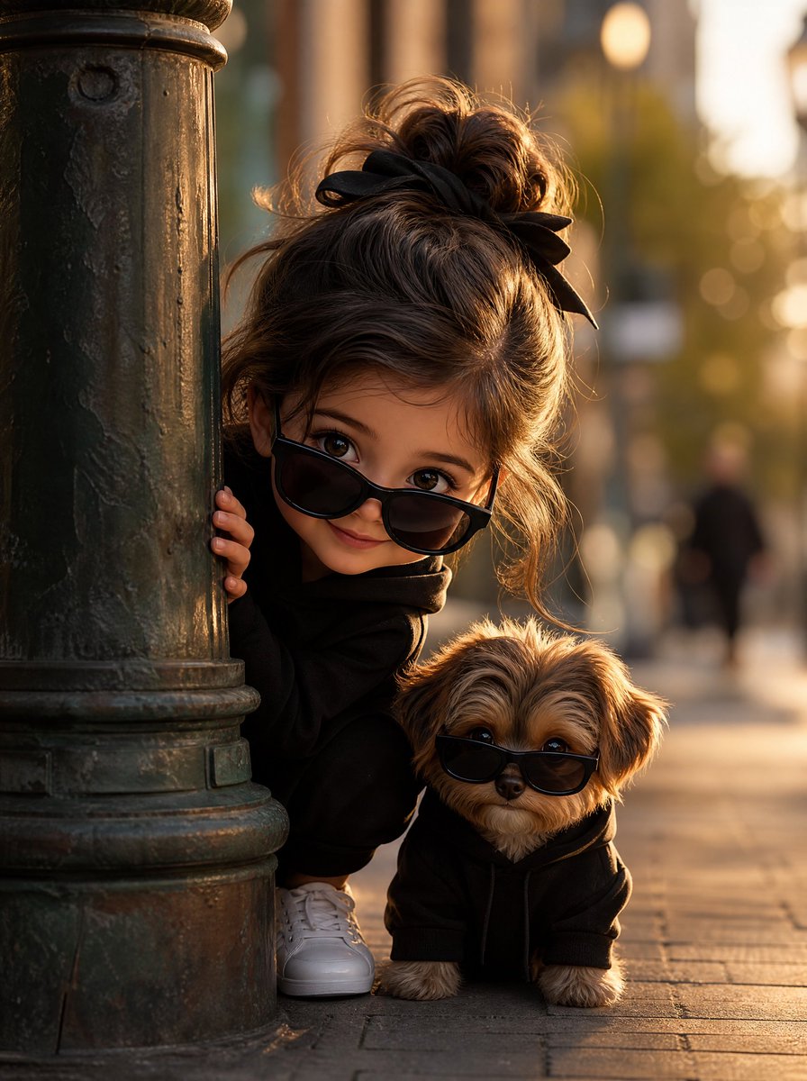 Girl and Puppy Behind Lamppost - AI image template preview