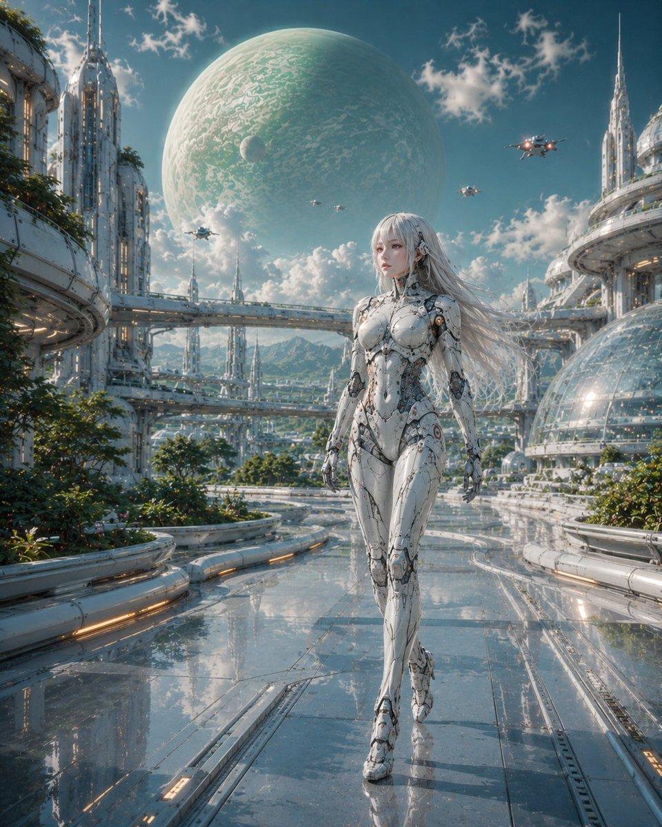 Female Android in Futuristic Space City - AI image template preview