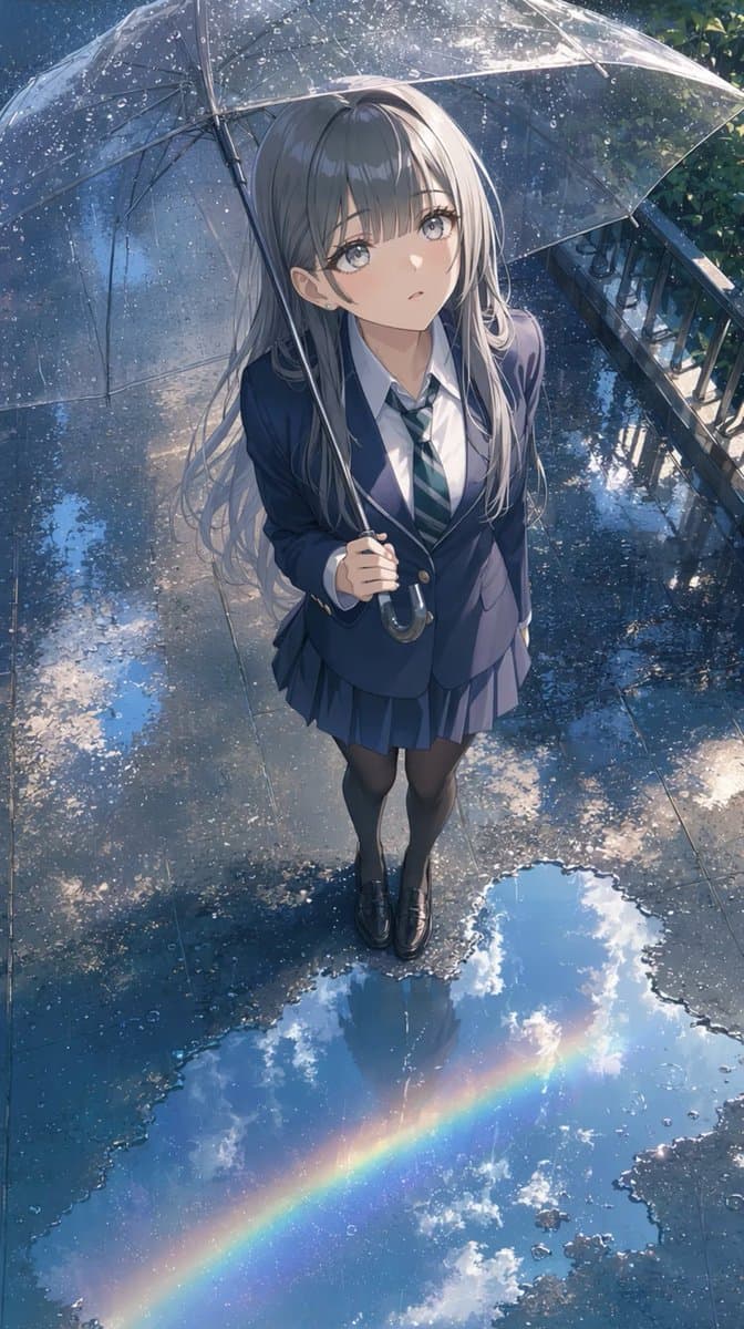 Anime Schoolgirl Under Clear Umbrella - AI image template preview