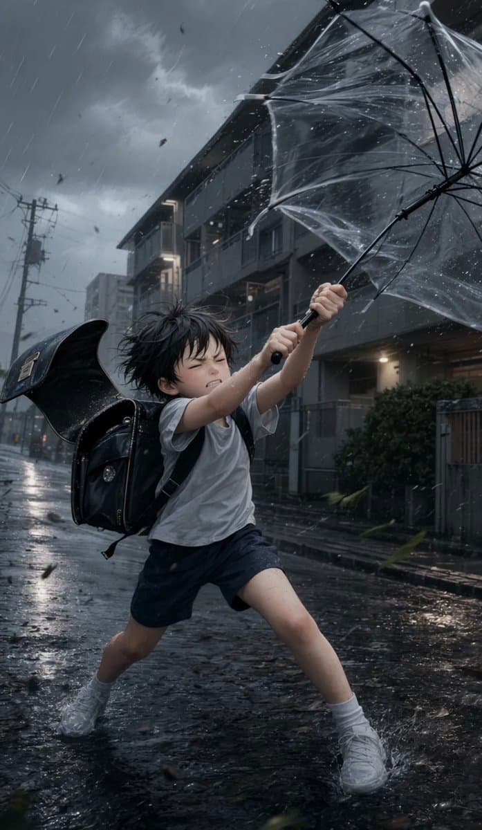 Boy Fighting Storm With Umbrella - AI image template preview