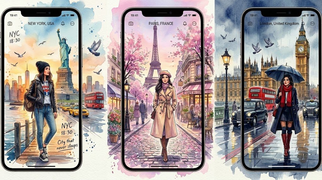 Watercolor Travel App Phone Mockups - AI image template preview