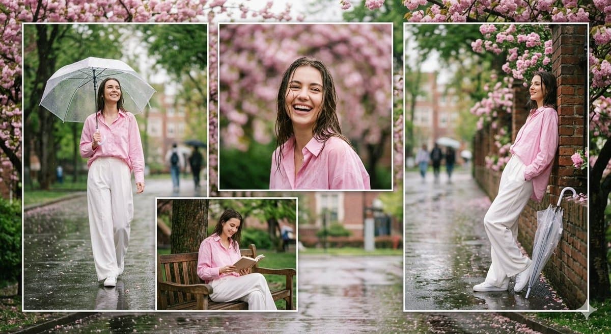 Rainy Campus Fashion Portrait Collage - AI image template preview