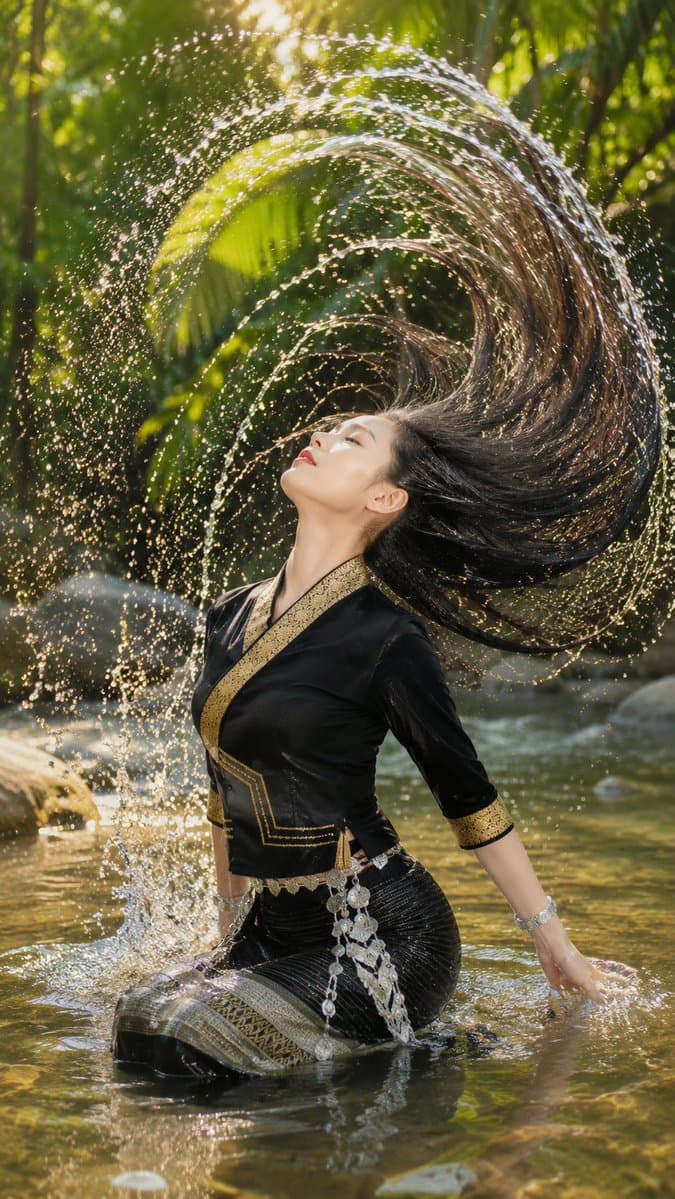 Dai Woman Riverbank Hair Washing - AI image template preview