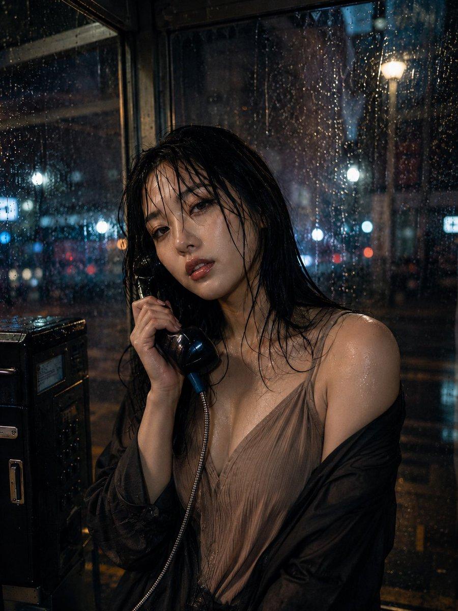 Cinematic Rainy Night Phone Booth Portrait - AI image template preview