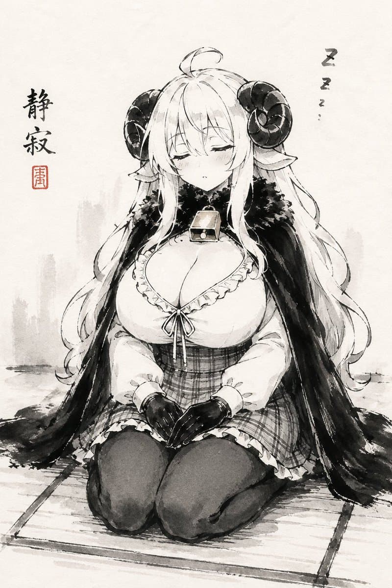 Sleepy Sheep Girl Sumi-e - AI image template preview