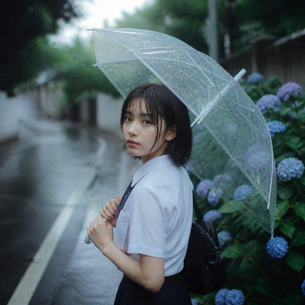 Rainy Schoolgirl With Transparent Umbrella - AI image template preview