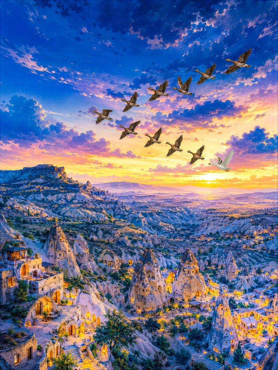 Twilight Geese Over Cappadocia - AI image template preview