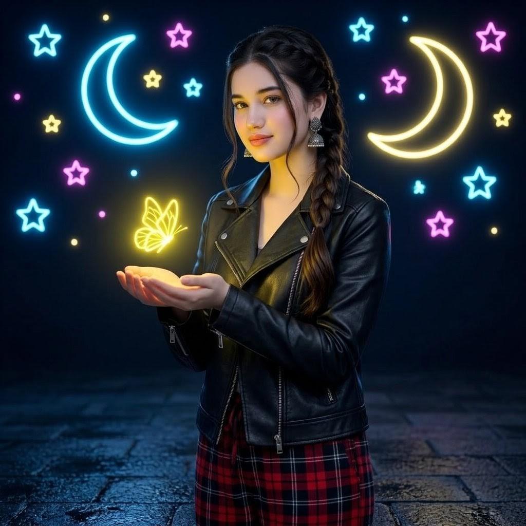 Neon Butterfly Night Portrait - AI image template preview
