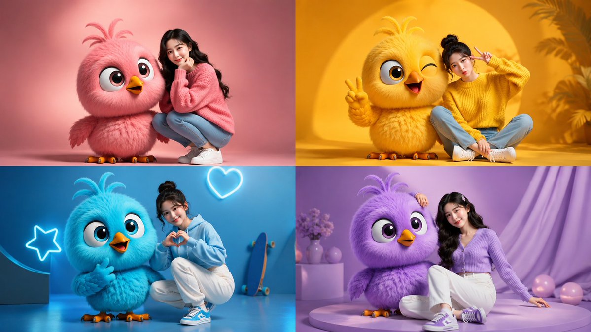 Four-Color Chick Mascot Photo Collage - AI image template preview