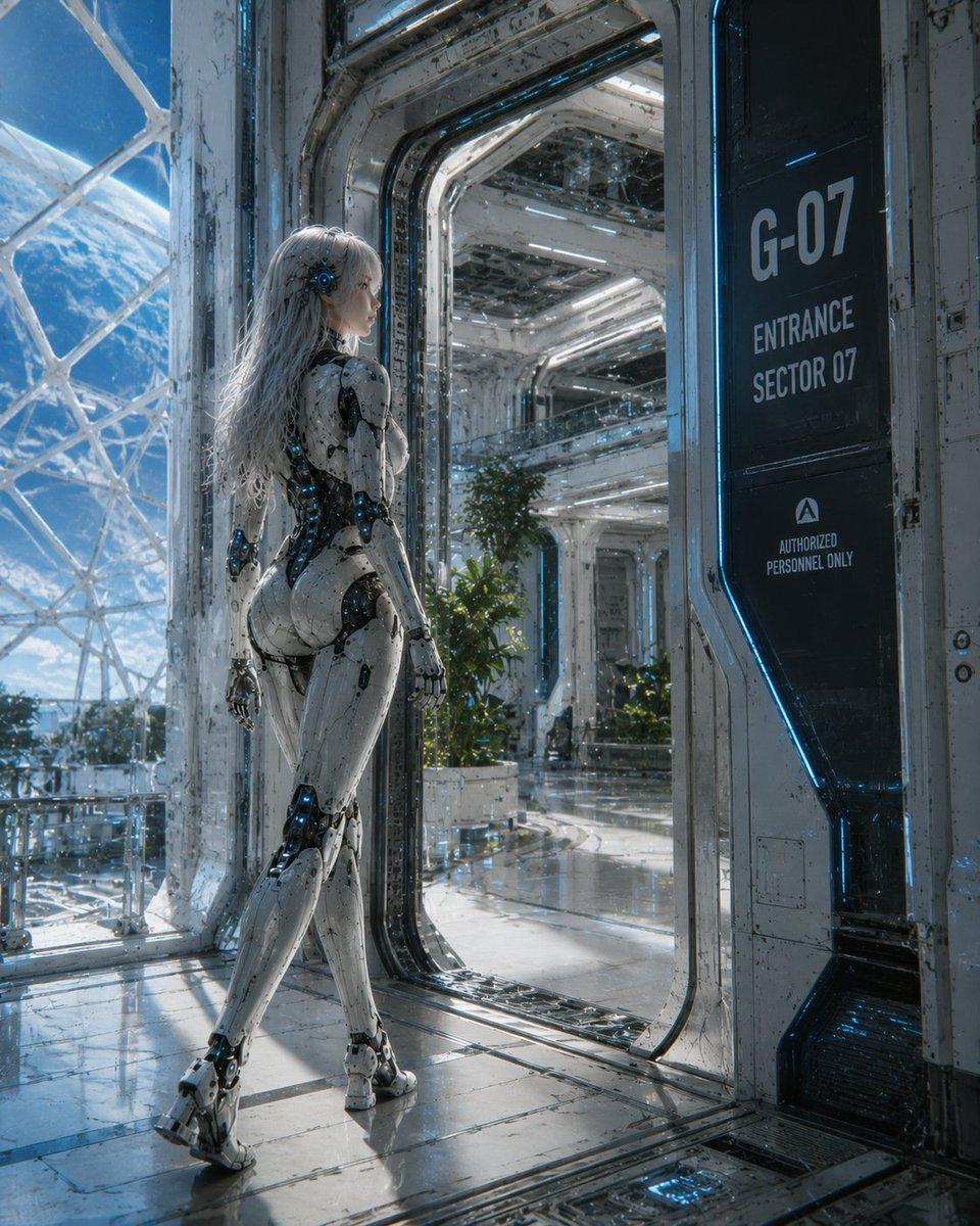 Female Android at Space Station Entrance - AI image template preview