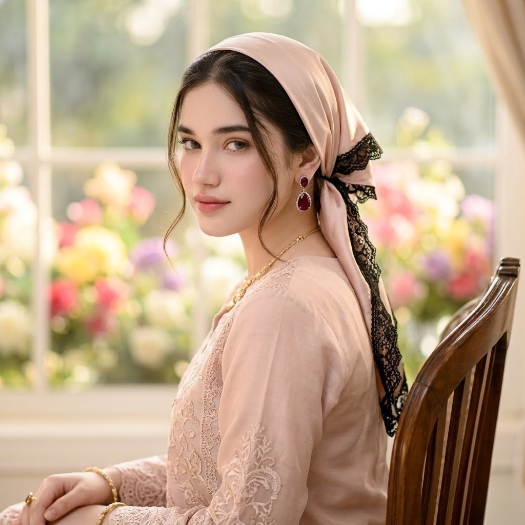 Elegant Blush Portrait with Headscarf - AI image template preview