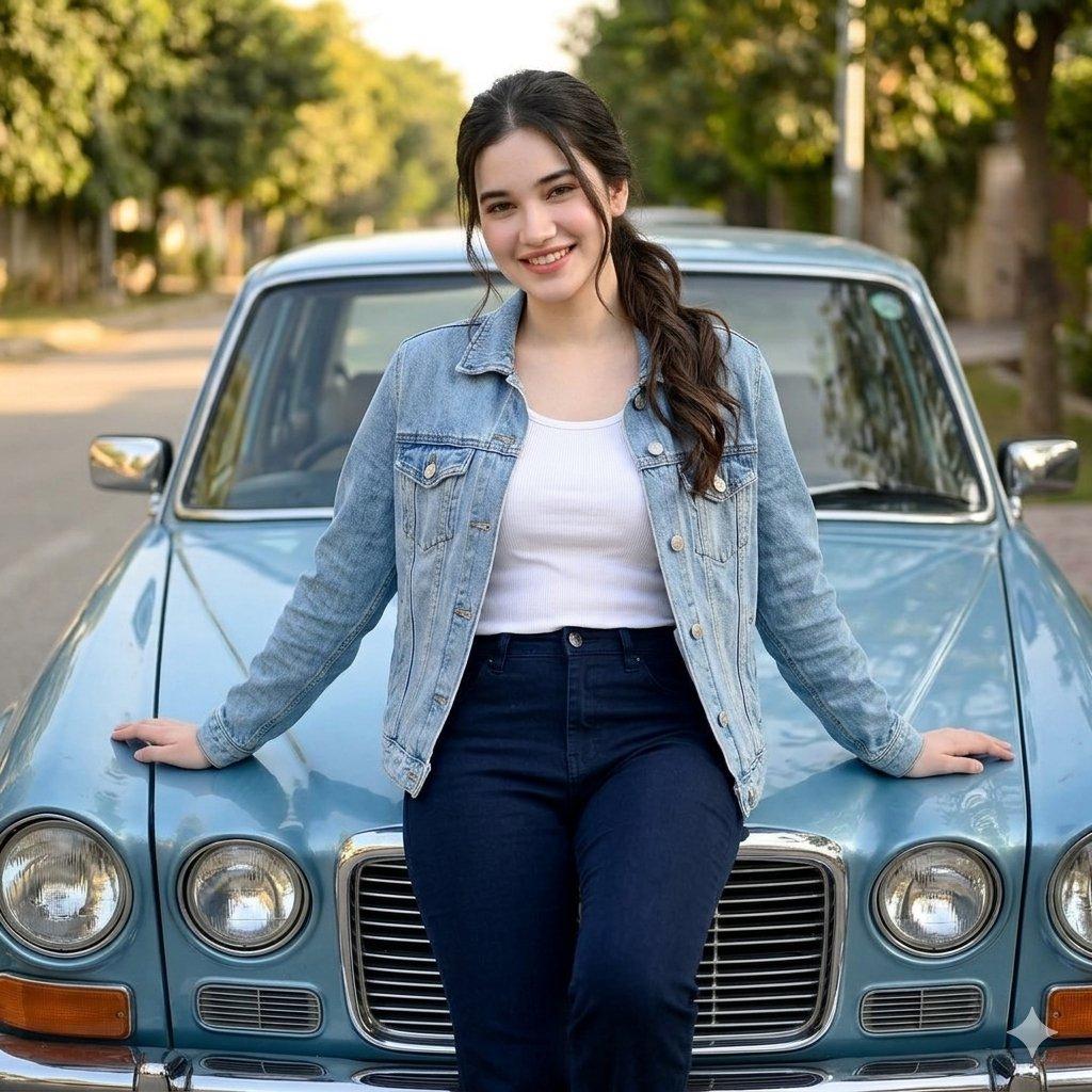 Woman Leaning on Vintage Blue Car - AI image template preview