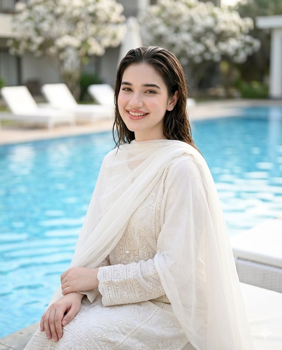 Poolside White Pakistani Fashion Portrait - AI image template preview