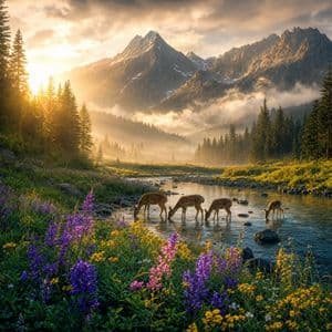 Magical Sunrise Alpine Valley - AI image template preview
