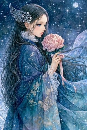 Moonlit Anime Woman with Peony - AI image template preview